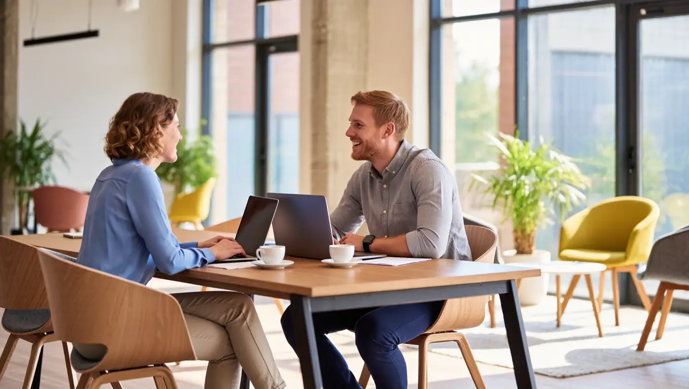 cultural-fit-office Twee collega’s zitten in een lichte, moderne kantoorruimte en overleggen enthousiast over hun werk. De warme sfeer en natuurlijke uitstraling staan symbool voor een goede culturele match en werkgeluk op de werkvloer.