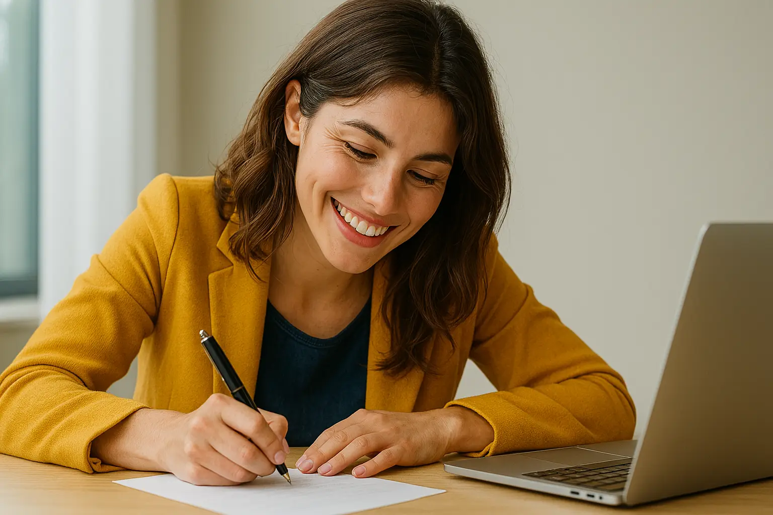 Hoe begin je een motivatiebrief? Vrouw begint met het schrijven van een motivatiebrief aan tafel