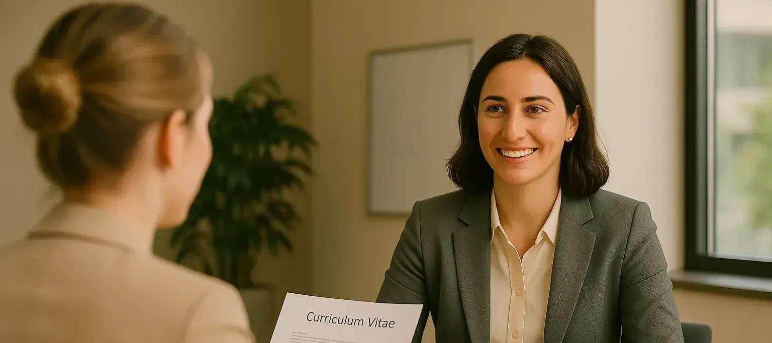 Solliciteren 2.0: Tips voor een sollicitatiegesprek Solliciteren 2.0: Kandidaat zit lachend aan tafel tijdens een sollicitatiegesprek, terwijl de interviewer haar curriculum vitae vasthoudt.