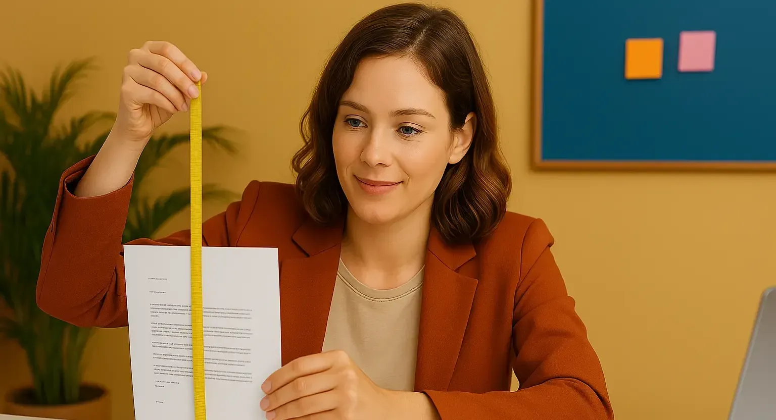 Lengte motivatiebrief Vrouw die met een meetlint de lengte van haar motivatiebrief opmeet – want tja, hoe lang mag een motivatiebrief eigenlijk zijn?