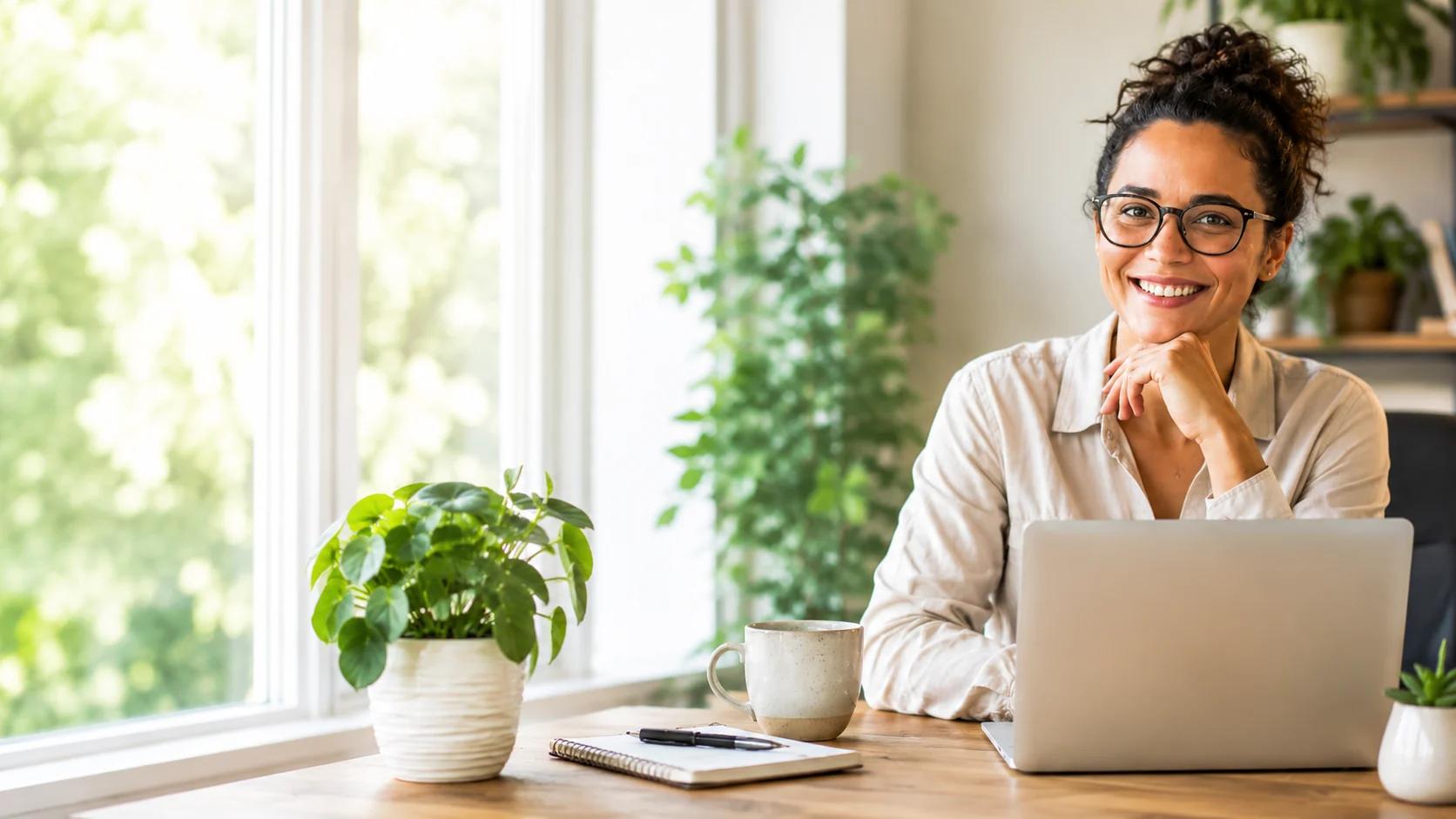 lichte_werkplek_met_planten_en_laptop Thuiswerken met een thuiswerkvergoeding