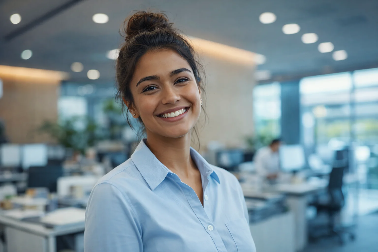 Office_Women_Blue_Shirt Vrouw op kantoor aan het werk