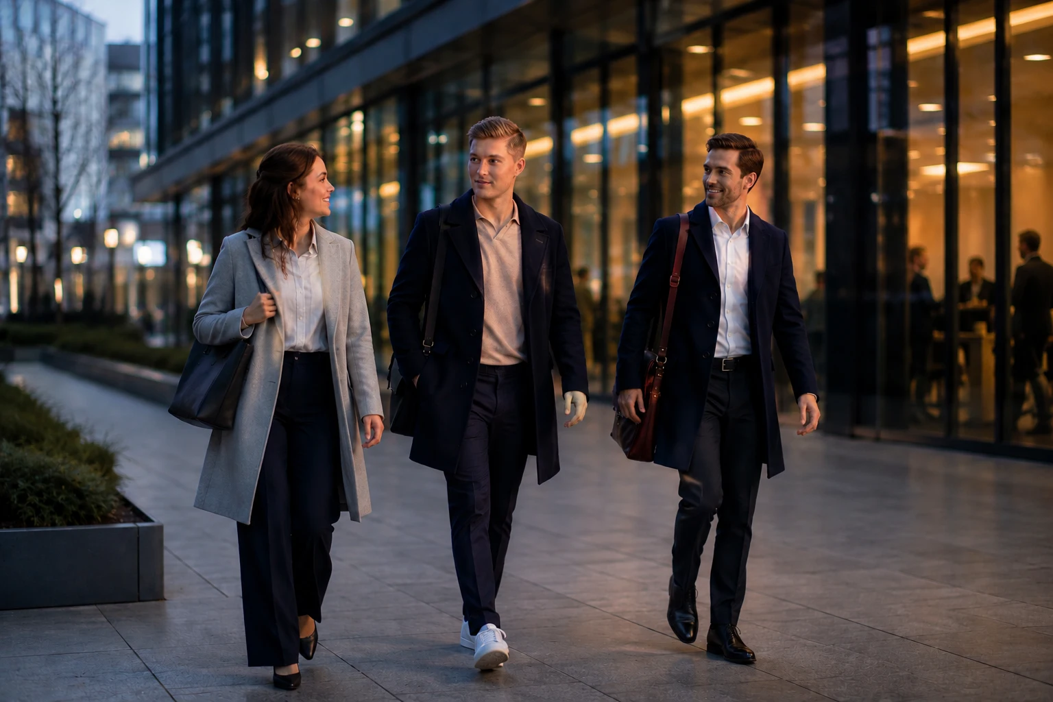Collega's lopen over straat voor kantoor