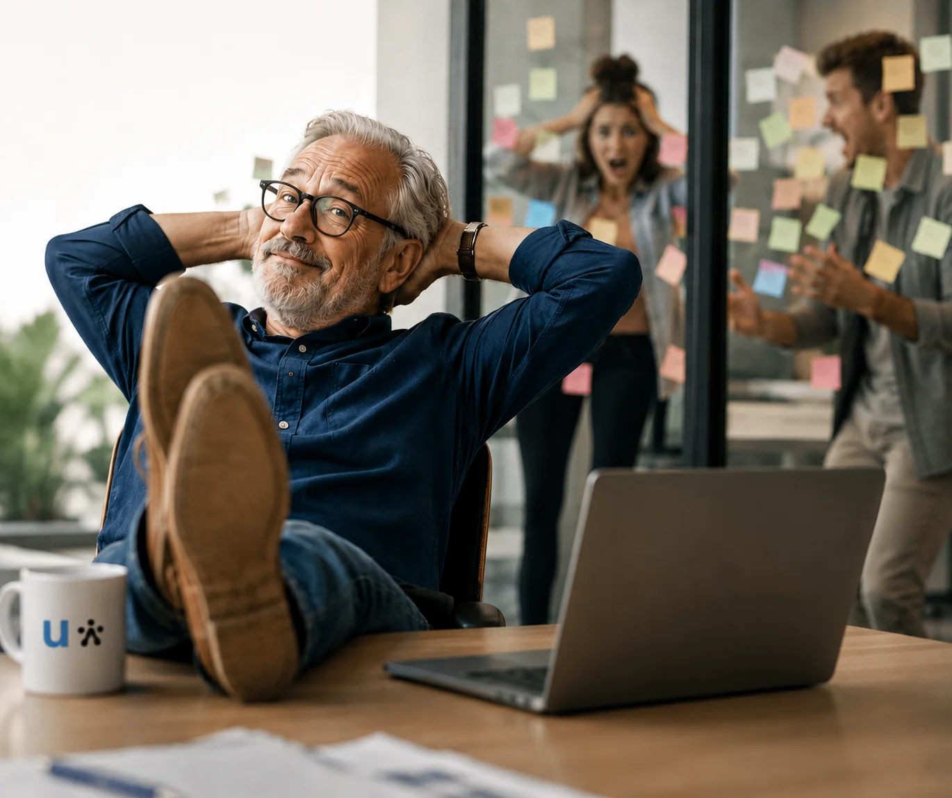 senior-man-bureau Senior man met benen op bureau